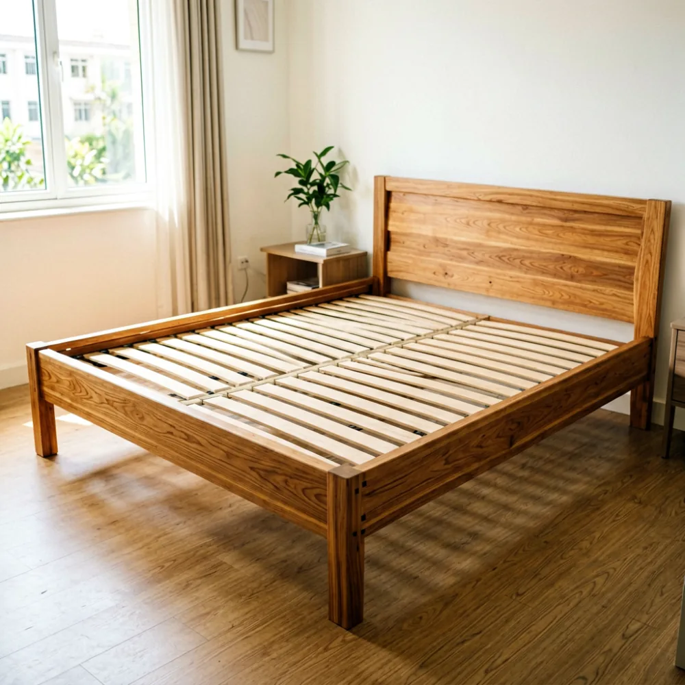 Solid rubberwood bed frame with visible slats and joinery in a bright HDB bedroom