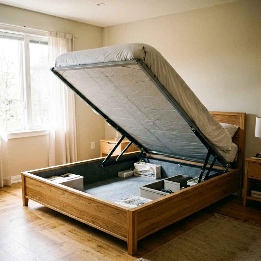 Hydraulic lift bed frame open to show storage space in a condo bedroom with daylight