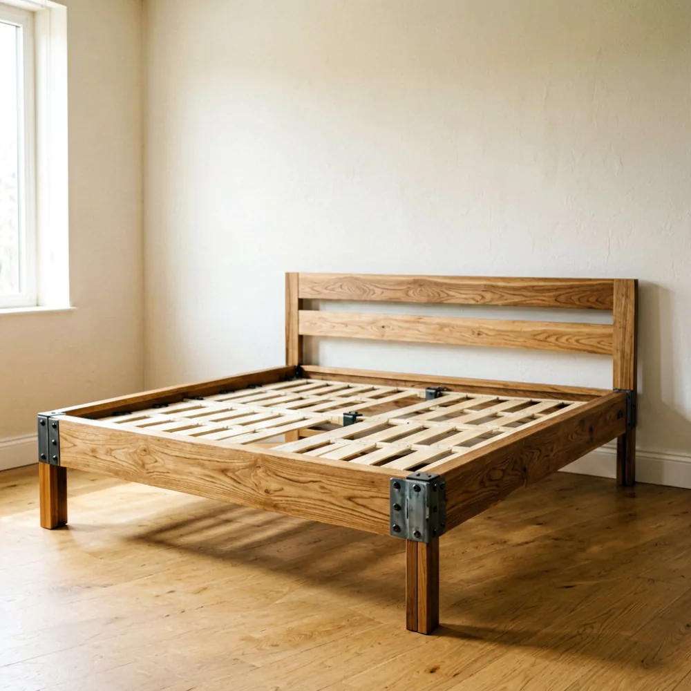 Teak platform bed frame with metal reinforcement brackets in a well-lit interior