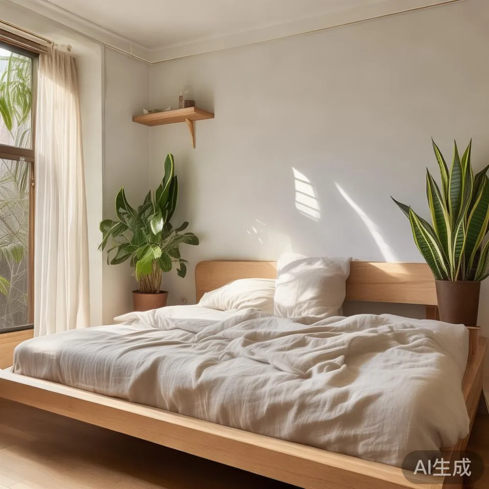 Light oak solid wood bed frame in a compact HDB bedroom with neutral bedding and a potted snake plant
