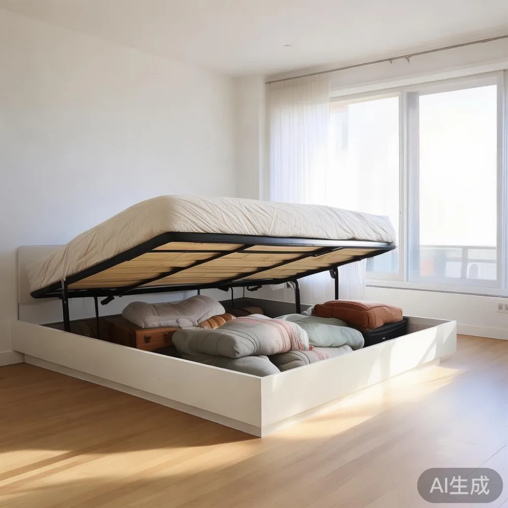 Queen size lift-up storage bed frame with open base showing stored blankets and suitcases in a condo bedroom