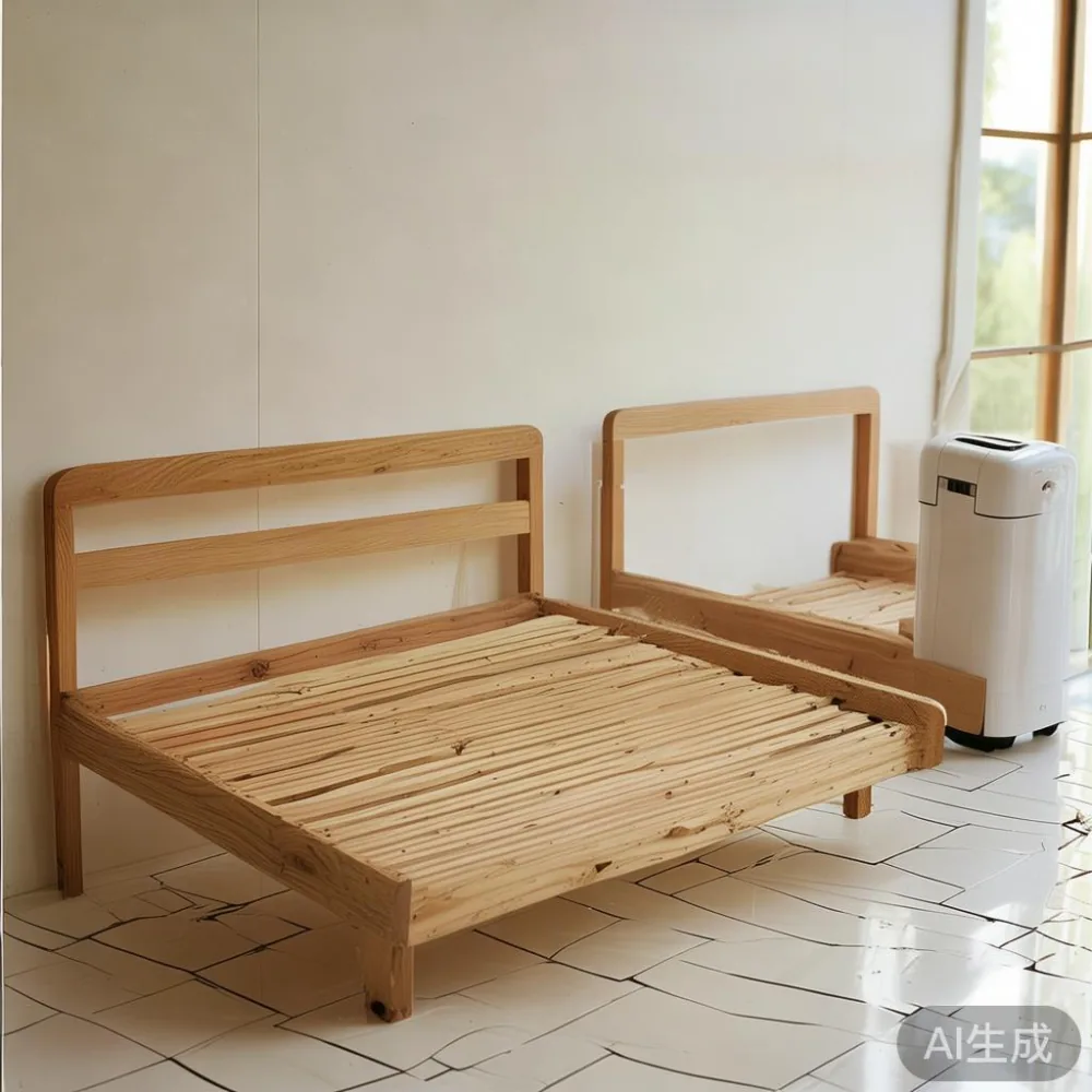 Two bed frames side by side on tiled flooring, one warped particle board and one intact solid oak, with dehumidifiers nearby