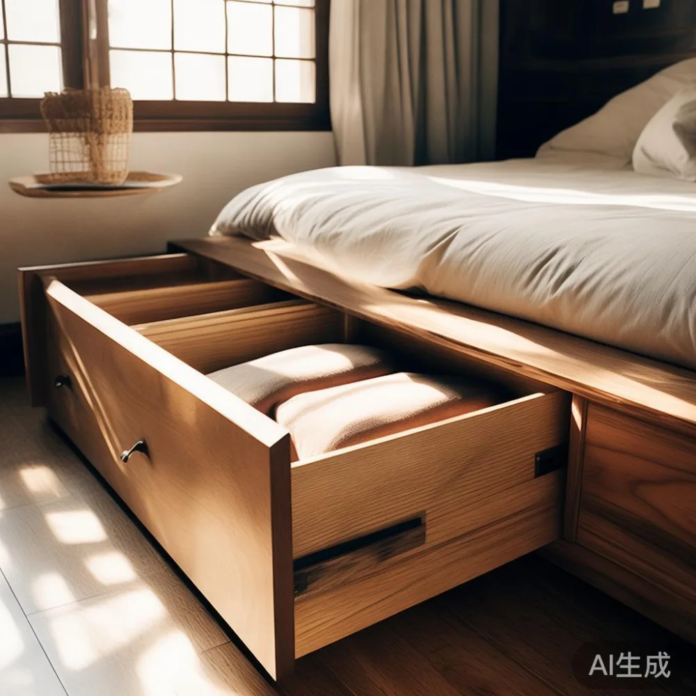Drawer-style storage bed frame in a small Singapore condo bedroom with open drawer showing linens