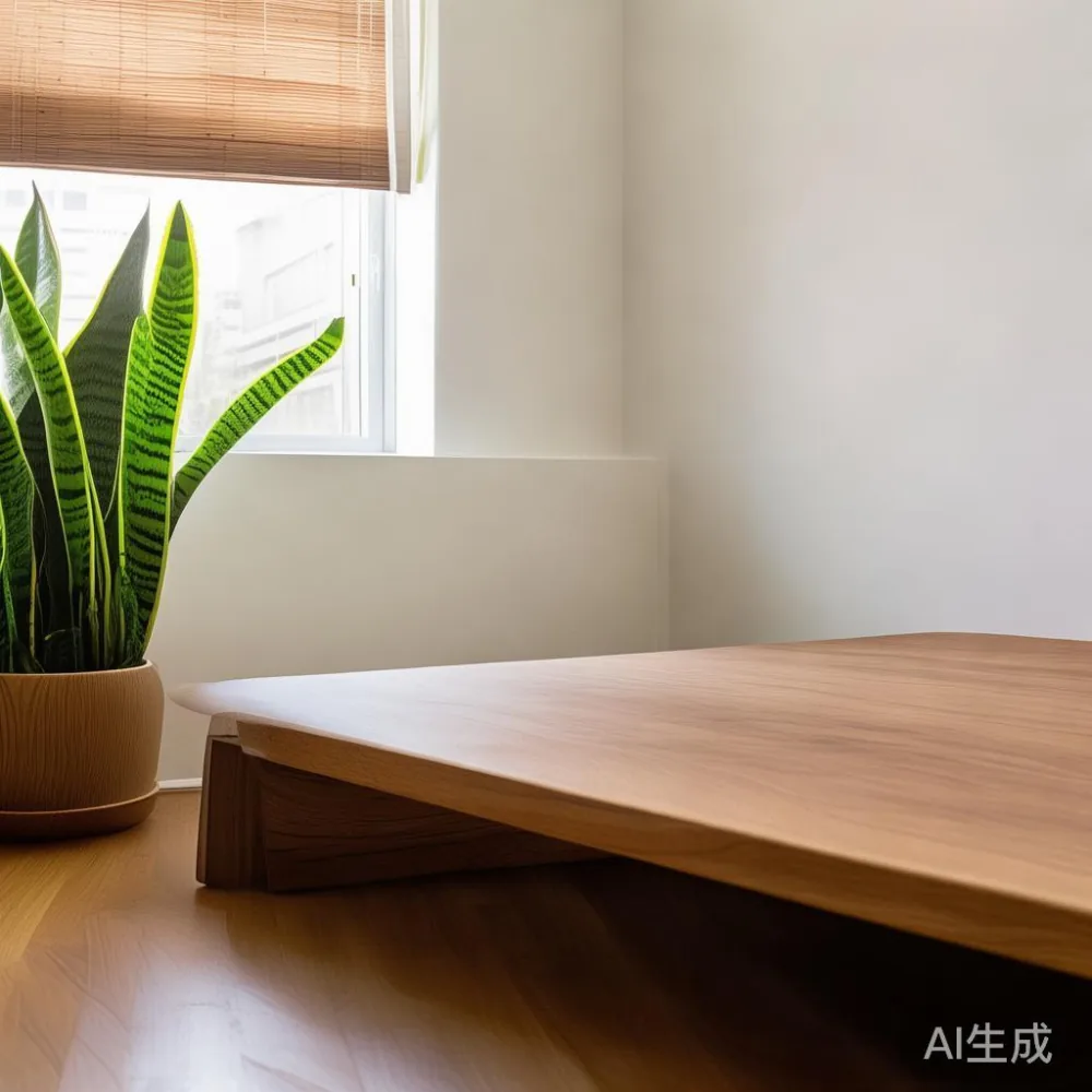 Queen-size solid oak platform bed frame in a bright 4-room HDB bedroom with ventilation gap