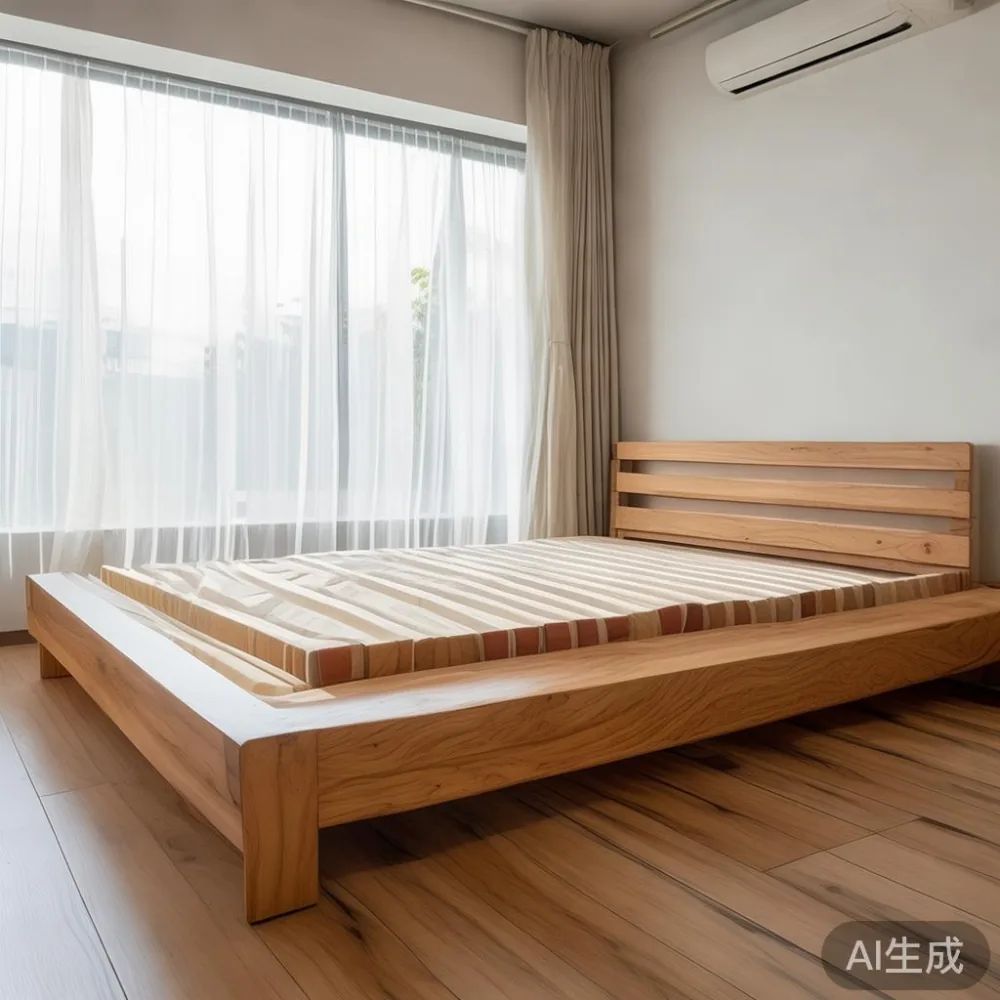 Queen-size solid wood bed frame in a bright Singapore HDB 4-room master bedroom