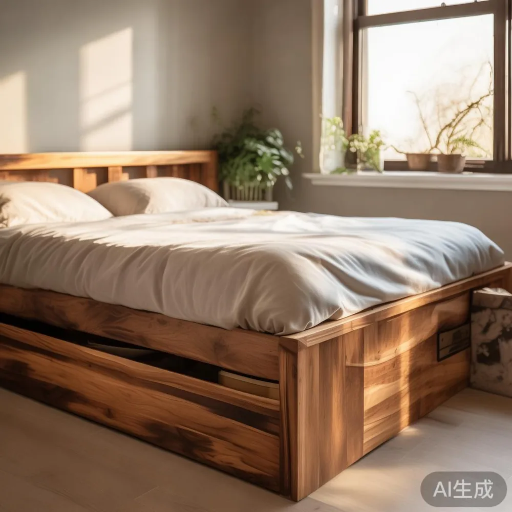 Solid wood bed frame with under-bed storage in a small Singapore condo bedroom