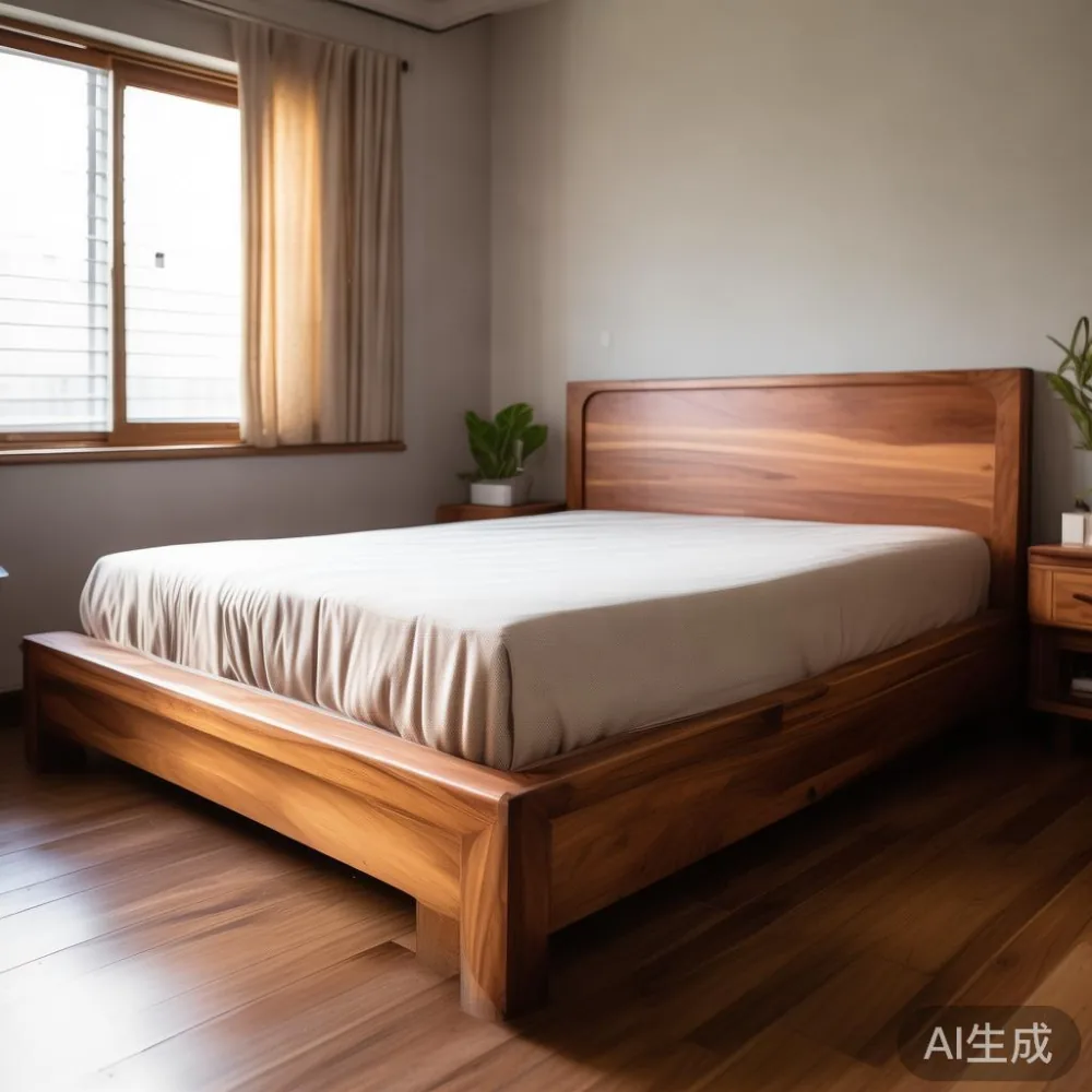Solid wood queen bed frame in a compact Singapore HDB bedroom with natural light