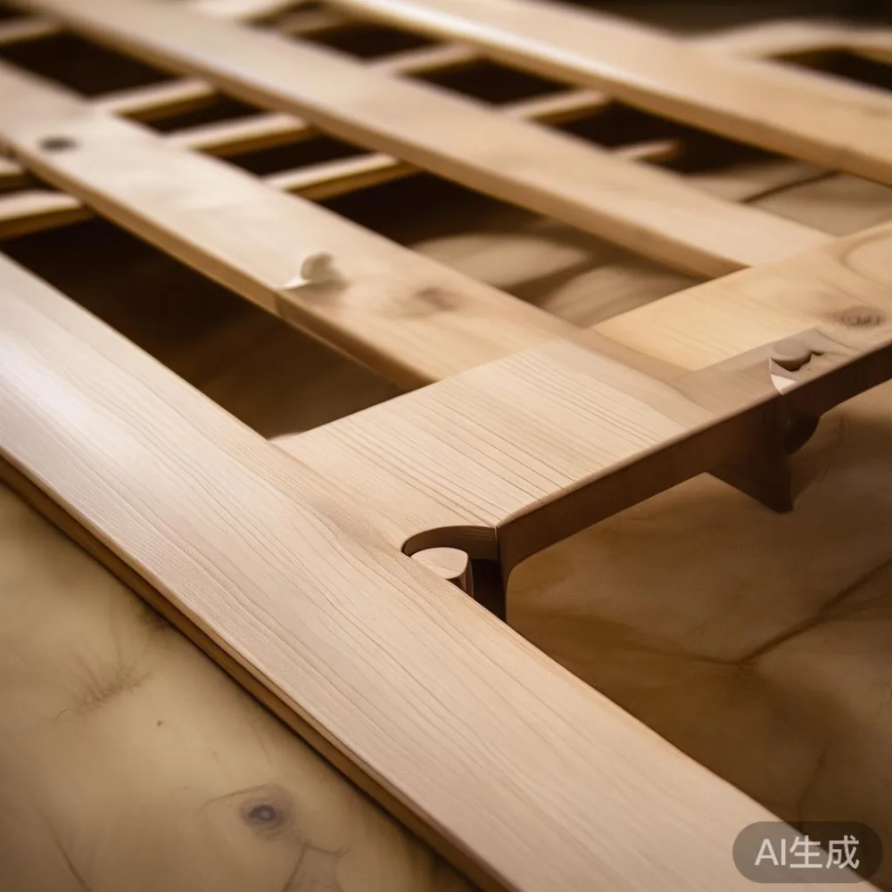 Close-up of solid wood bed frame joinery and support slats