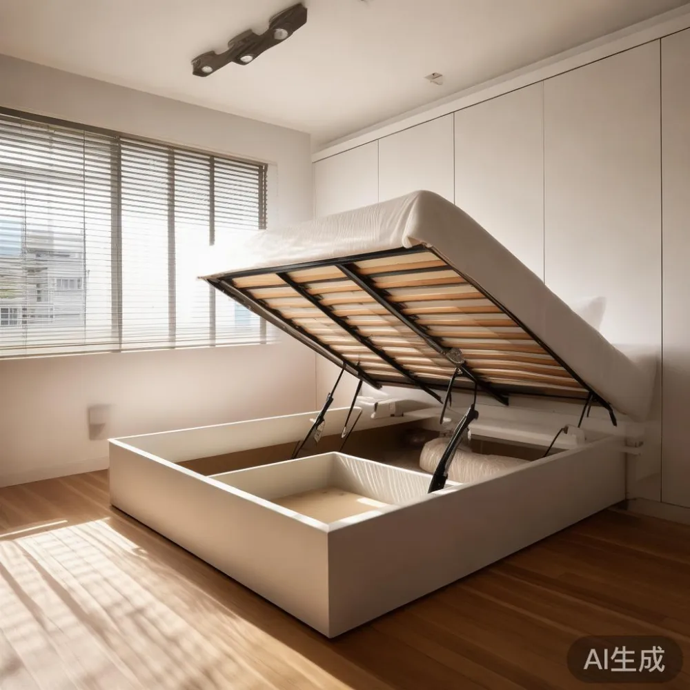 Gas-lift storage bed frame with open under-bed storage in a small Singapore condo bedroom