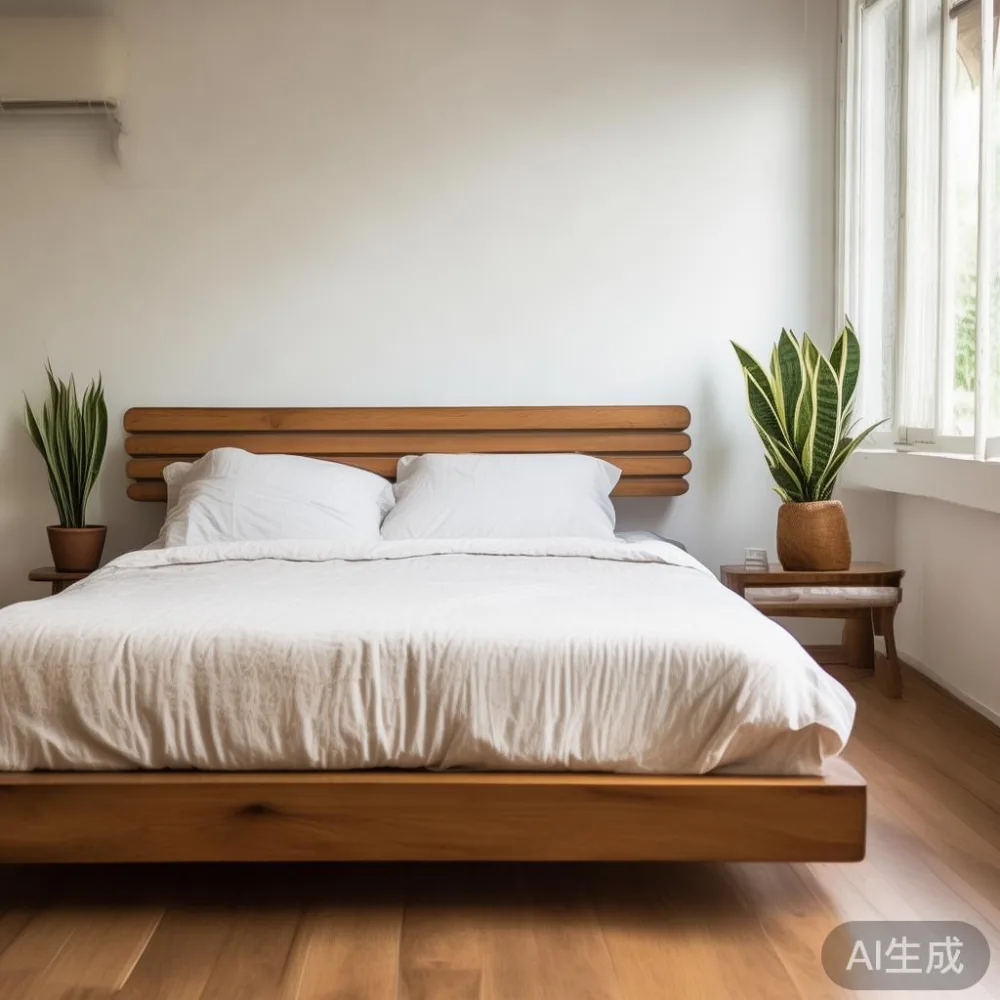 Minimalist solid wood queen bed frame in a small Singapore HDB bedroom with side clearance