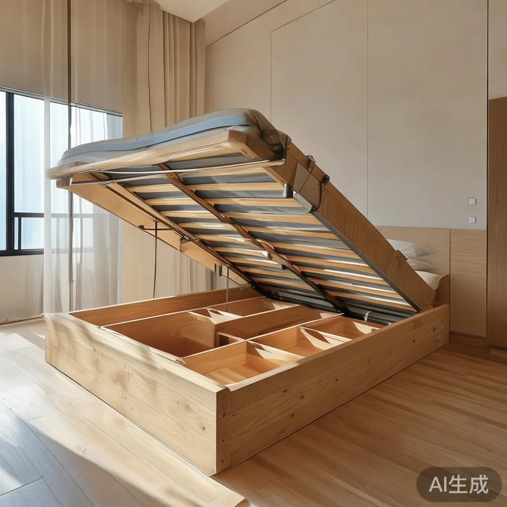 Hydraulic storage bed frame partially open, showing under-bed storage in a Singapore condo