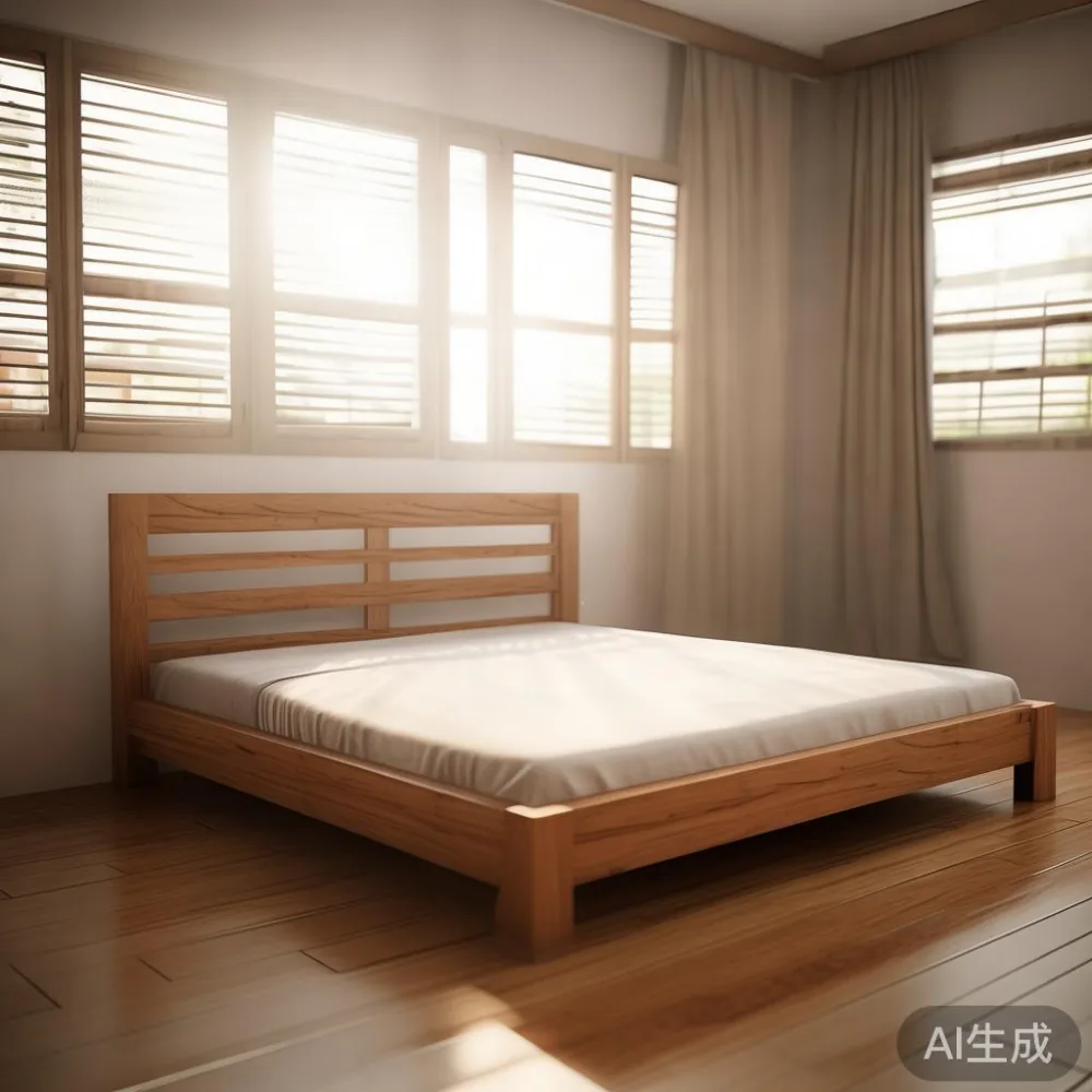A minimalist solid wood bed frame in a Singaporean HDB living room