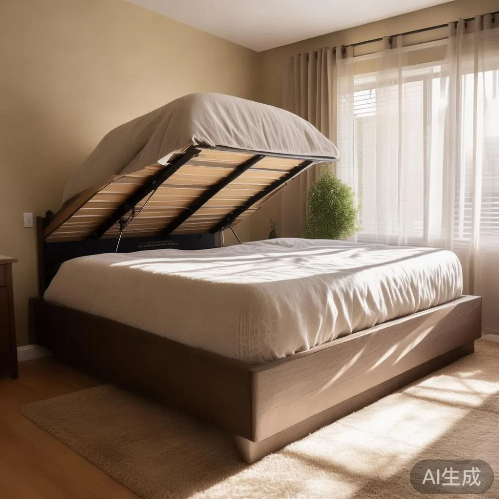 Platform bed with hydraulic storage in small condo bedroom