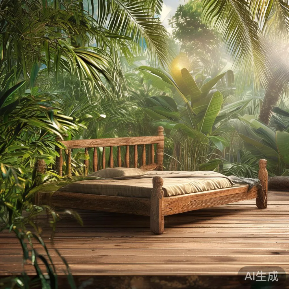 Weathered teak bed frame showing natural wood grain