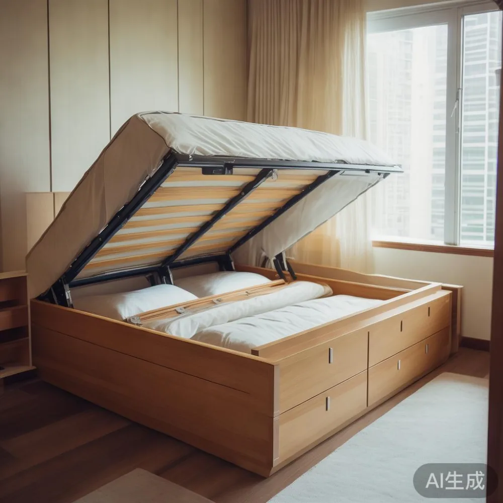 Storage bed frame with hydraulic lift in a small Singapore condo room