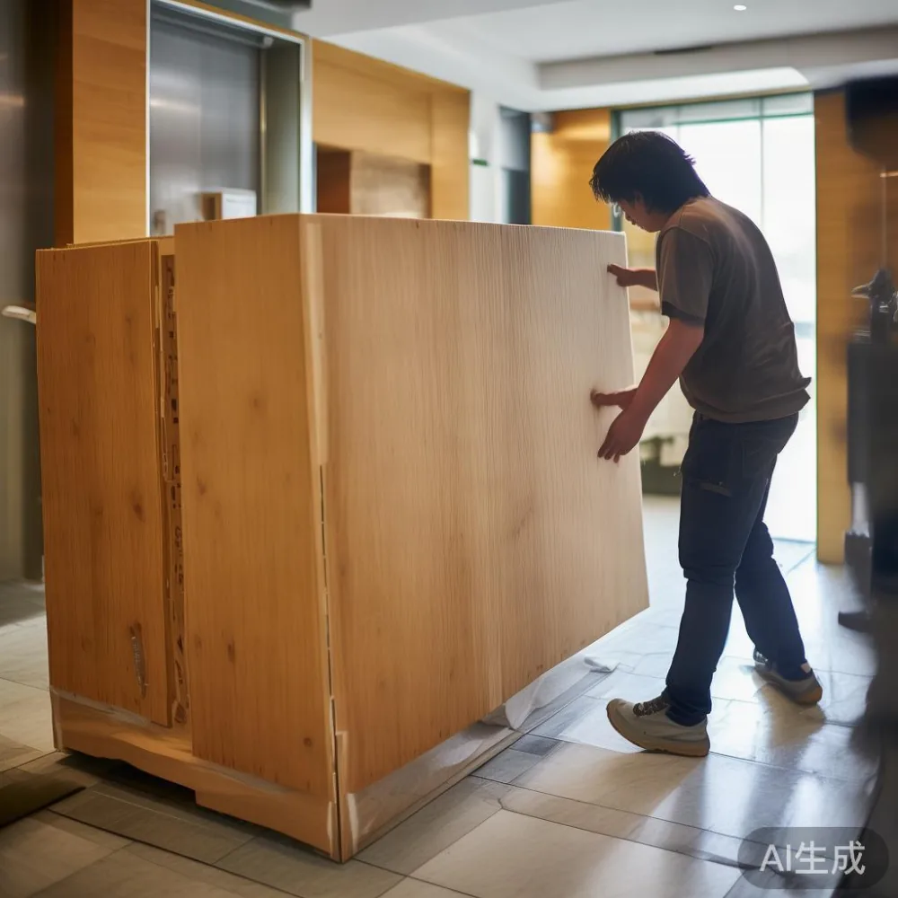 Delivery of a flat-pack bed frame box in a Singapore HDB lift lobby