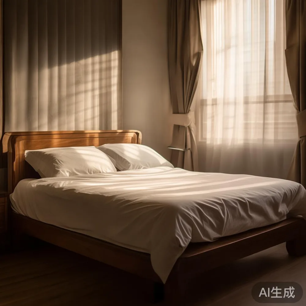 Bedroom corner with a solid wood bed frame and linen bedding