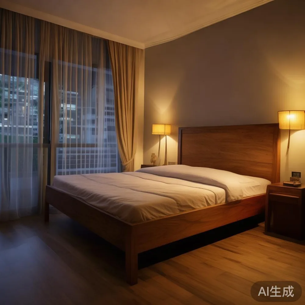 The Singapore Climate and Your Solid Wood Bed Frame: What Every Homeow — room setting at dusk with warm lamp light, film 