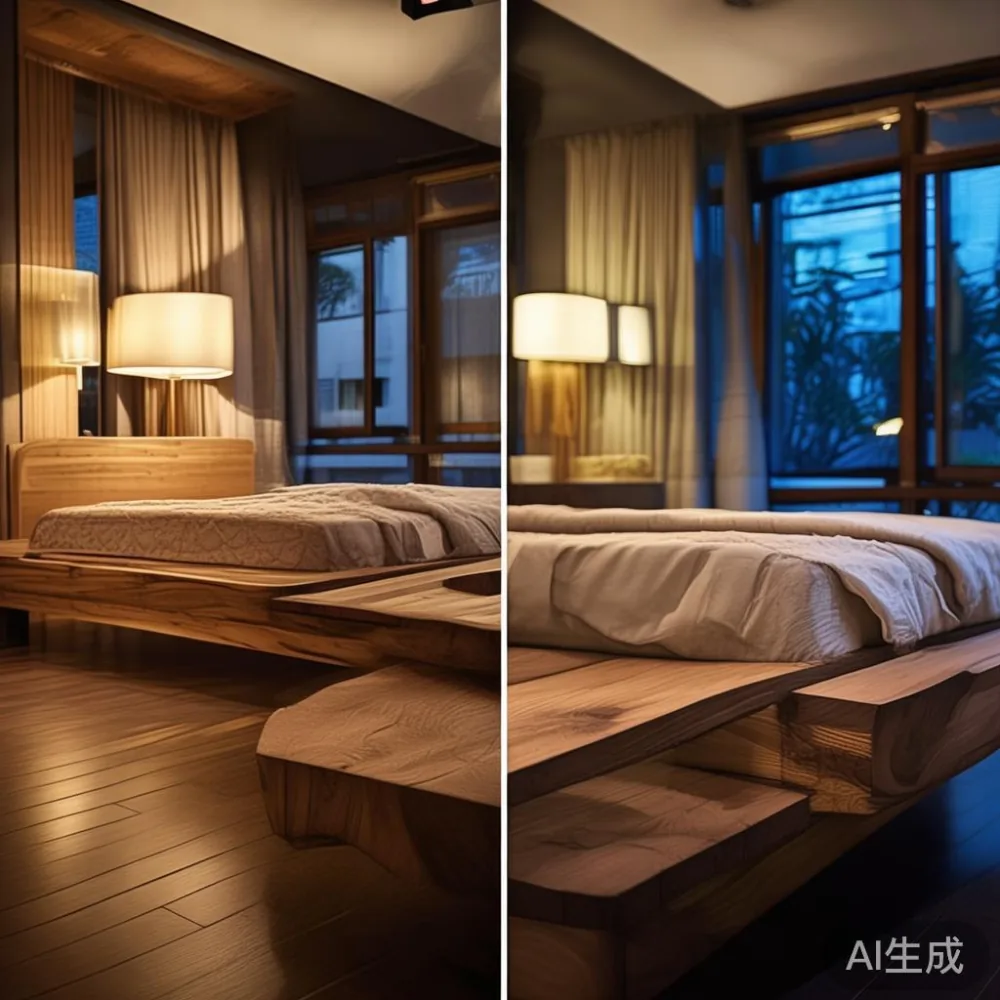 Solid Wood vs Veneer Bed Frame SG: A 5-Year Cost Comparison for Singap — room setting at dusk with warm lamp light, film